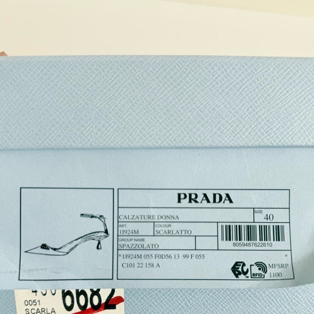 Prada Scarlet Red Leather Logo Plaque pointed toe ankle strap pumps EU 40 - Picture 12 of 14